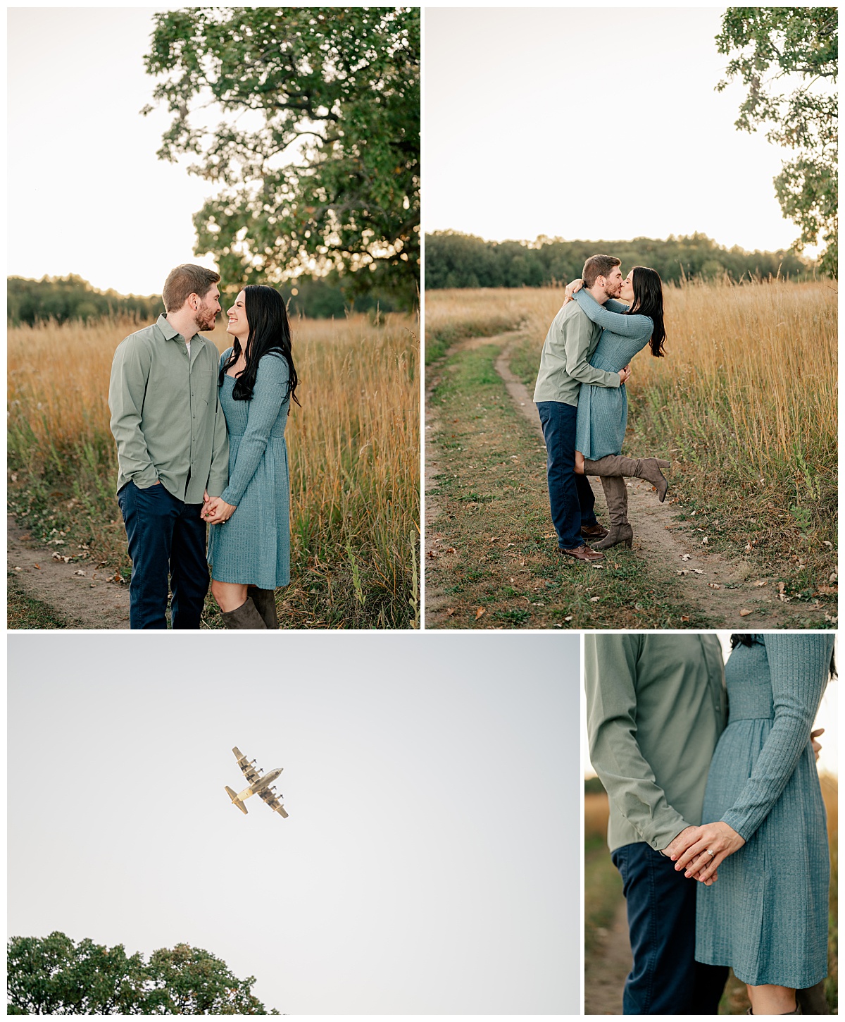 couple embrace in large field with airplane overhead by Rule Creative Co