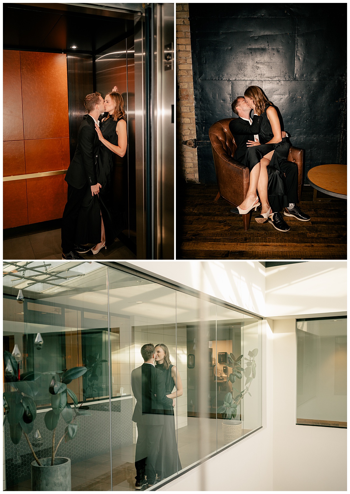 man and woman hold hands next to large glass windows by Minnesota wedding photographer 