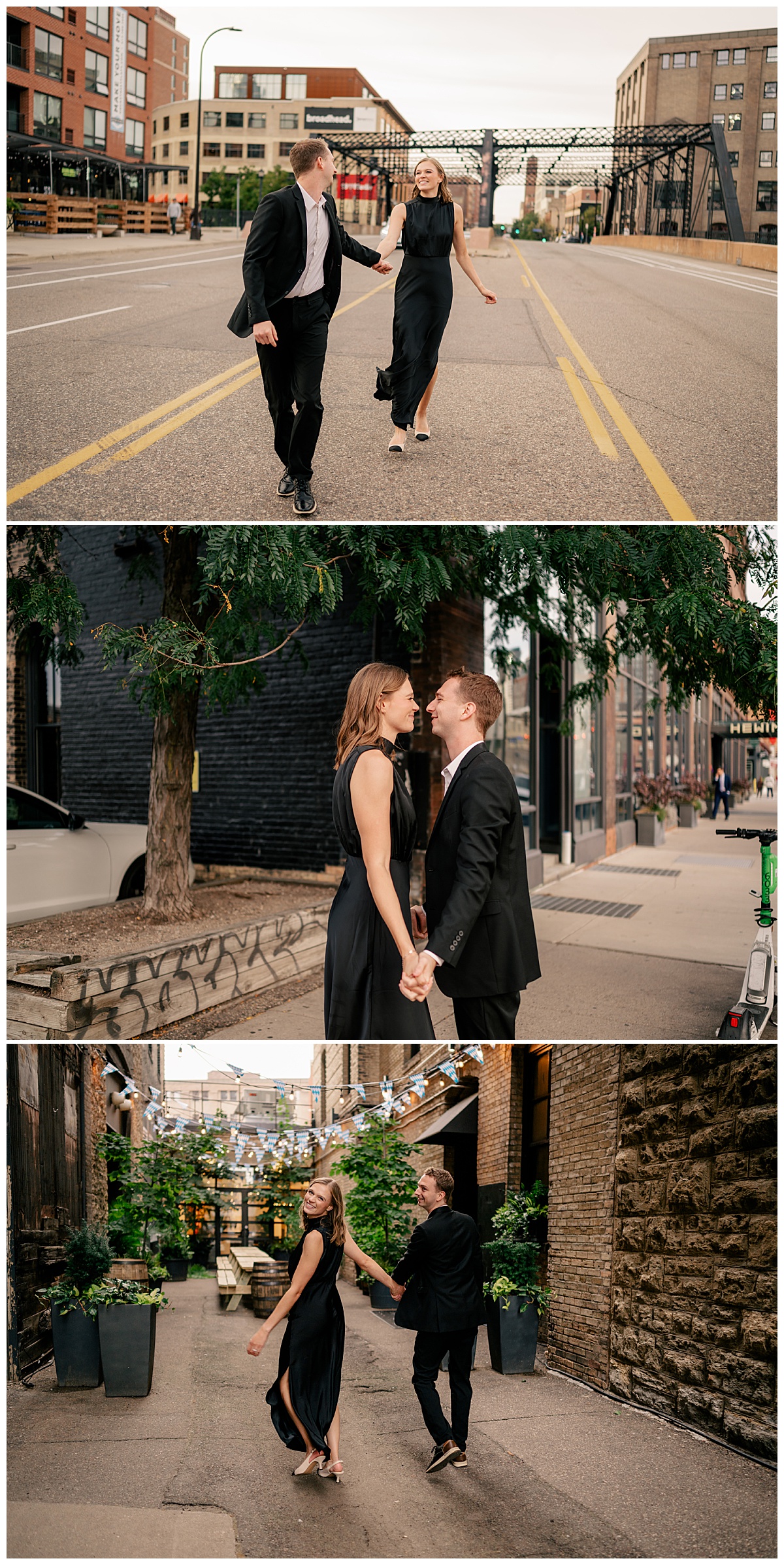 engaged couple run down the street by Minnesota wedding photographer 