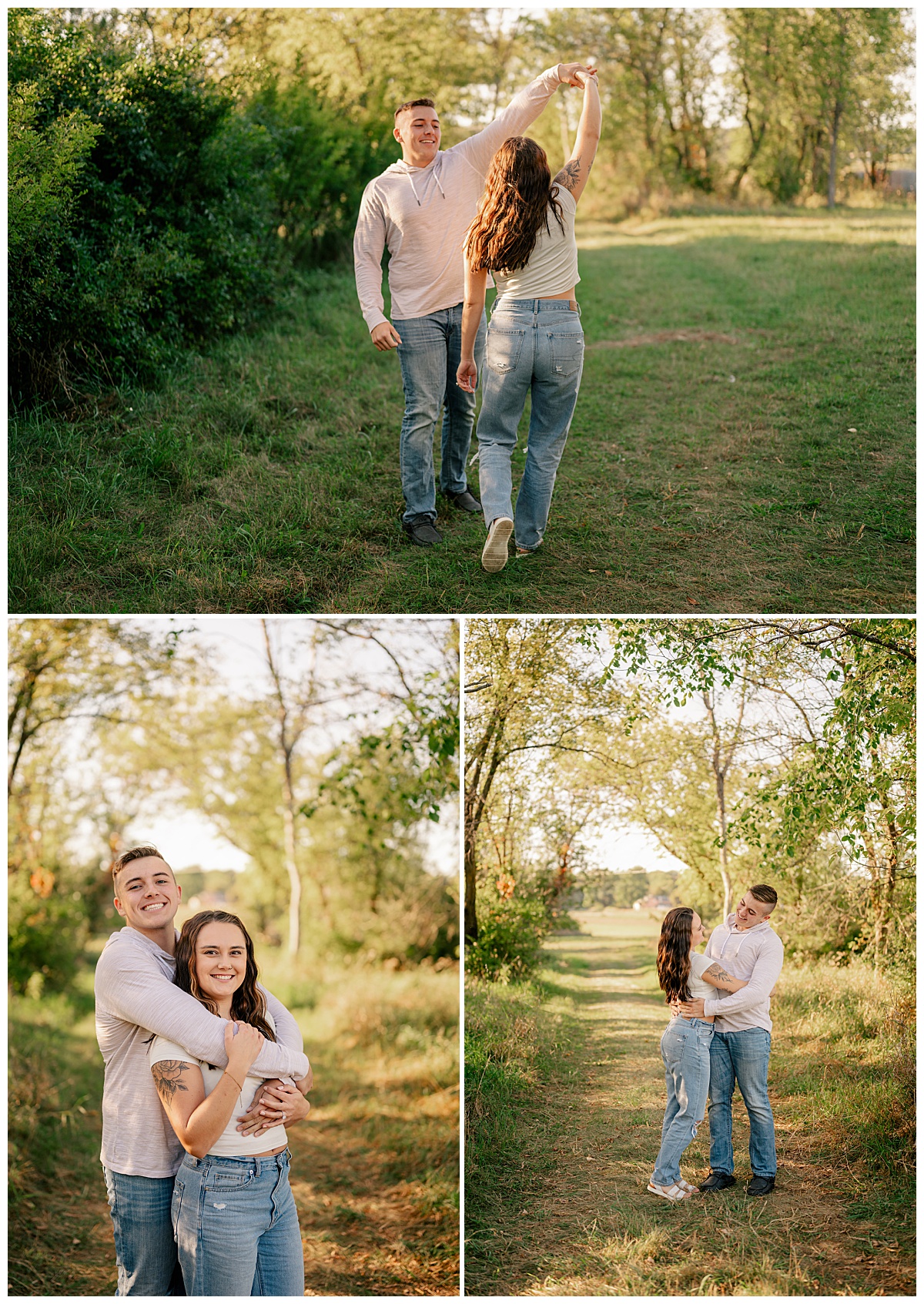 engaged couple spins under trees by Rule Creative Co