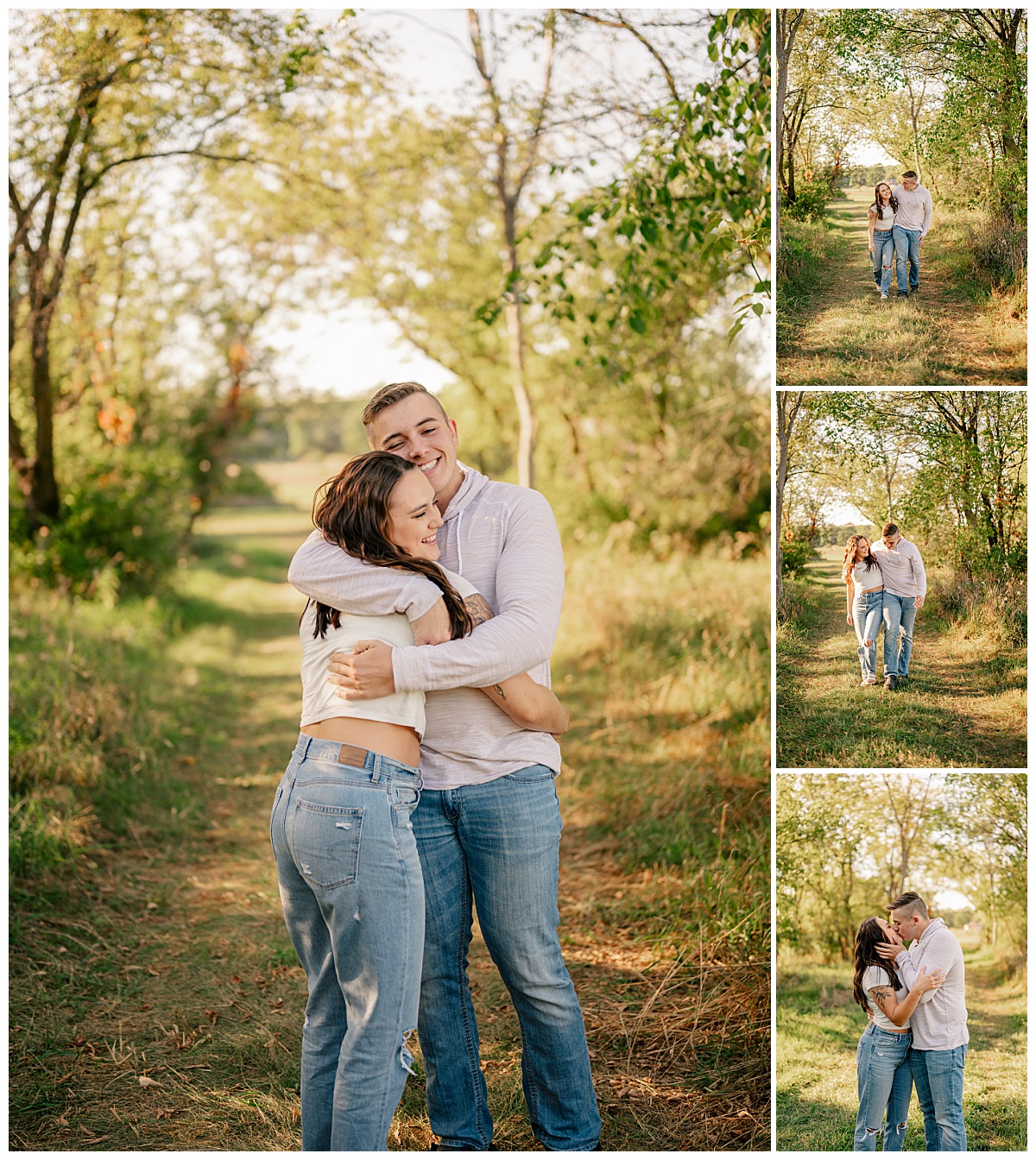 man hugs fiance under trees for playful St. John's engagement shoot