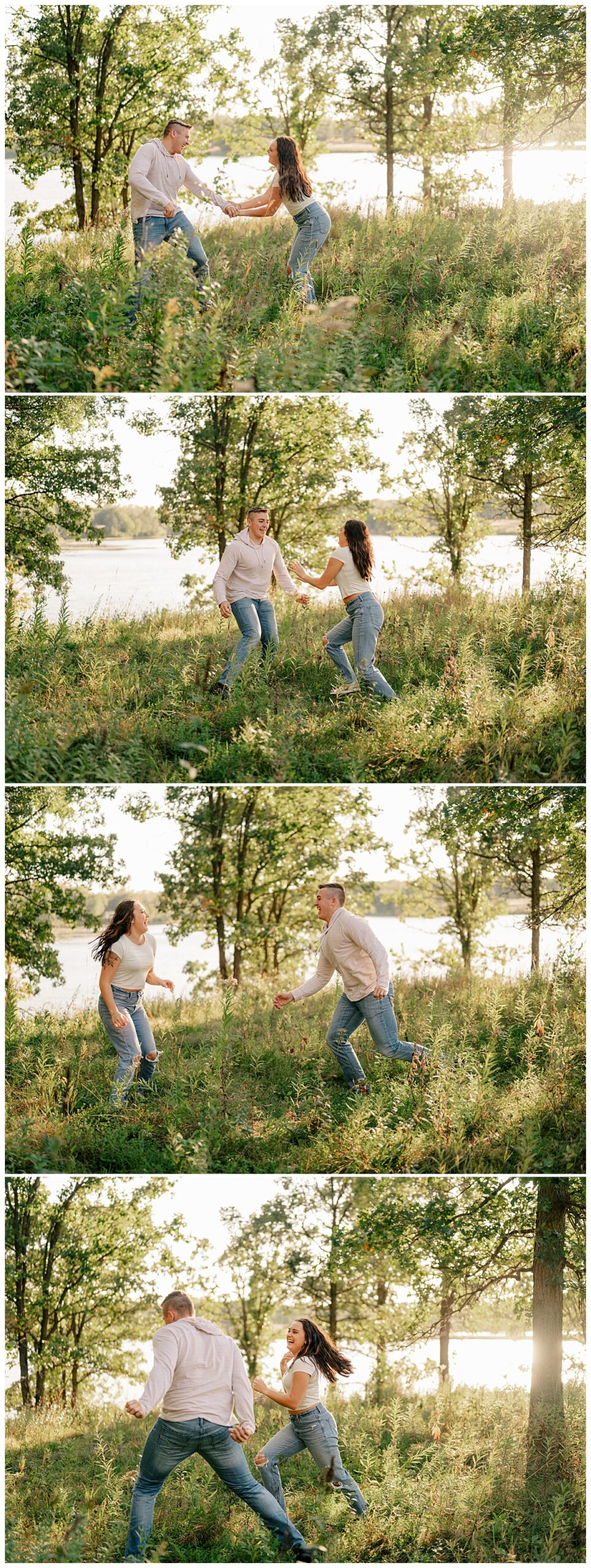 fiancé's play tag in the trees for playful St. John's engagement shoot