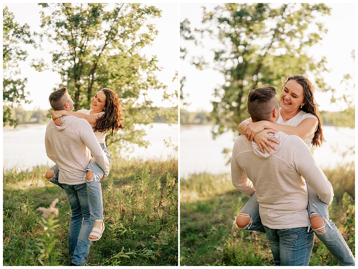 man spins around his girl under the trees by Minnesota wedding photographer 