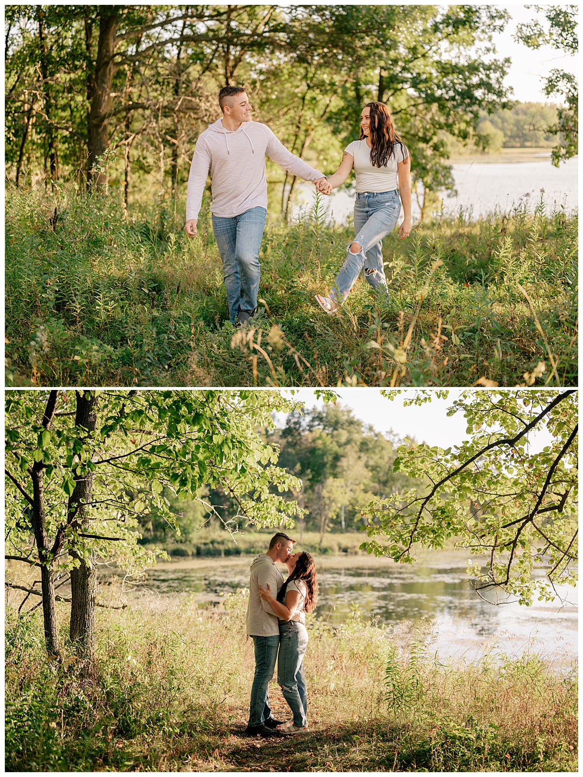 man and woman walking through a field at golden hour by Minnesota wedding photographer 