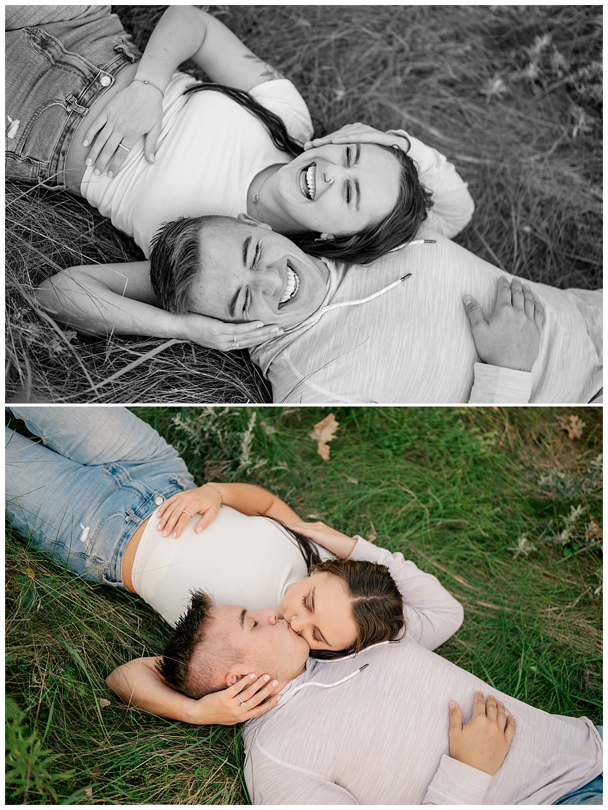 sweet couple laugh while lying in the grass by Minnesota wedding photographer 