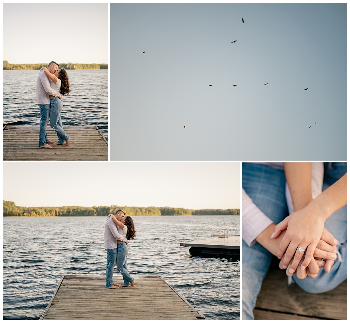 newly engaged couple kiss on a dock over the water by Rule Creative Co