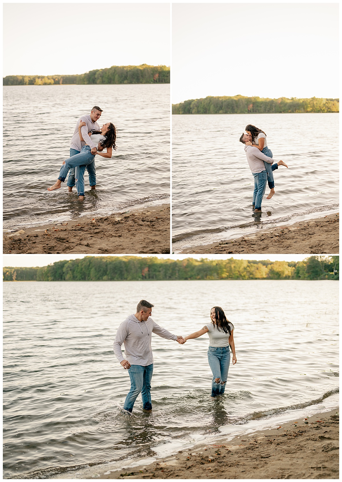 man holds up his fiancé in the water for playful St. John's engagement shoot