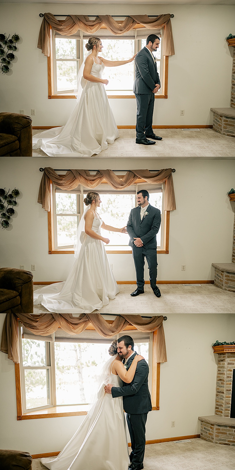 bride approaching groom for first look for Romantic Winter Wedding in Brooten