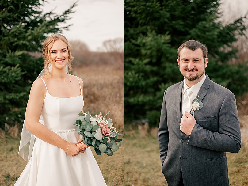 blonde bride and groom in gray suit for Romantic Winter Wedding in Brooten