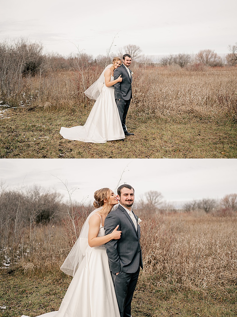 bride and groom in field for Romantic Winter Wedding in Brooten