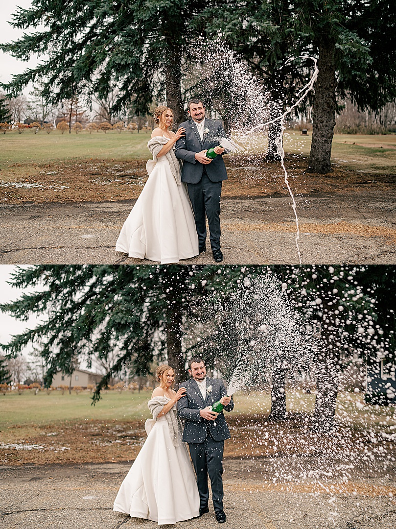 groom spray champagne for Romantic Winter Wedding in Brooten