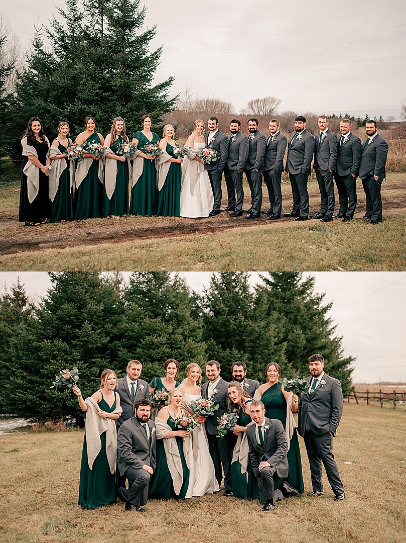 bridal party surrounds newlyweds with excitement by Minnesota wedding photographer