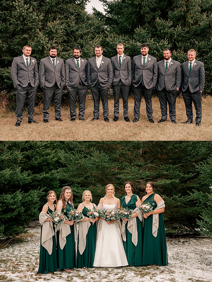 groomsmen in gray next to bridesmaids in dark green by Rule Creative Co