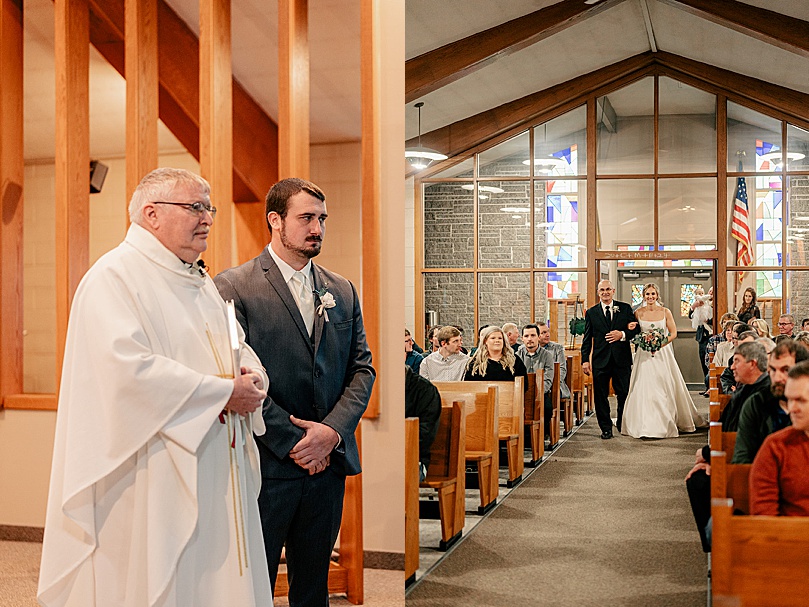 groom watches bride walk down aisle for Romantic Winter Wedding in Brooten