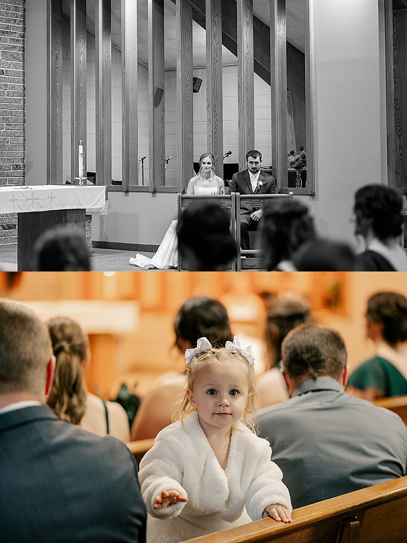 little girl leans over pew during ceremony by Rule Creative Co