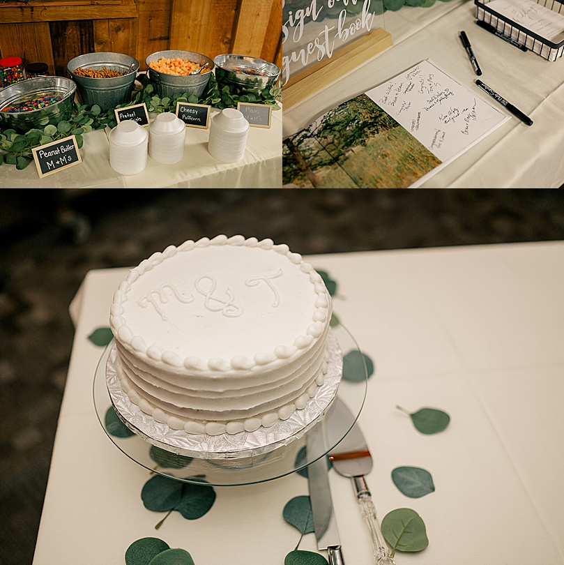 white wedding cake and snack bar for Romantic Winter Wedding in Brooten