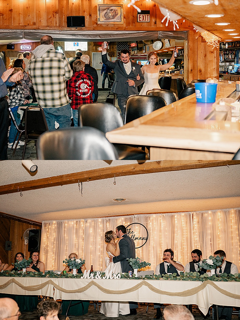 newlyweds enter reception at local bar for Romantic Winter Wedding in Brooten