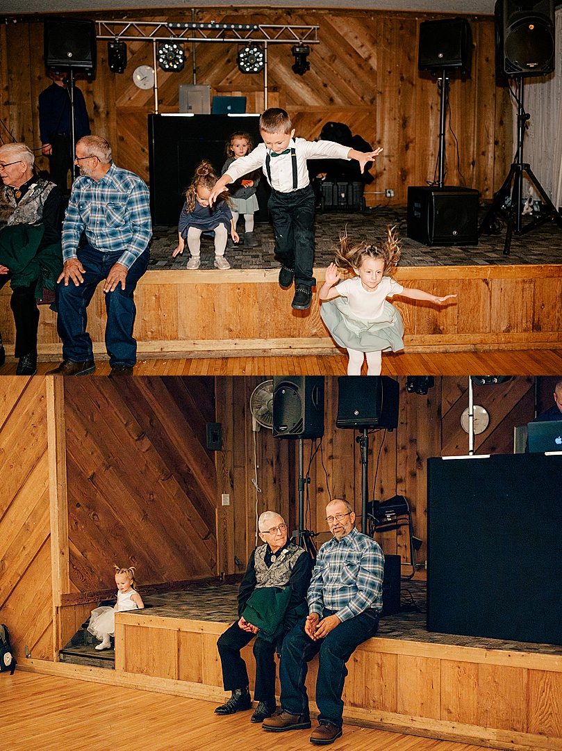 kids jumping onto dance floor for Romantic Winter Wedding in Brooten