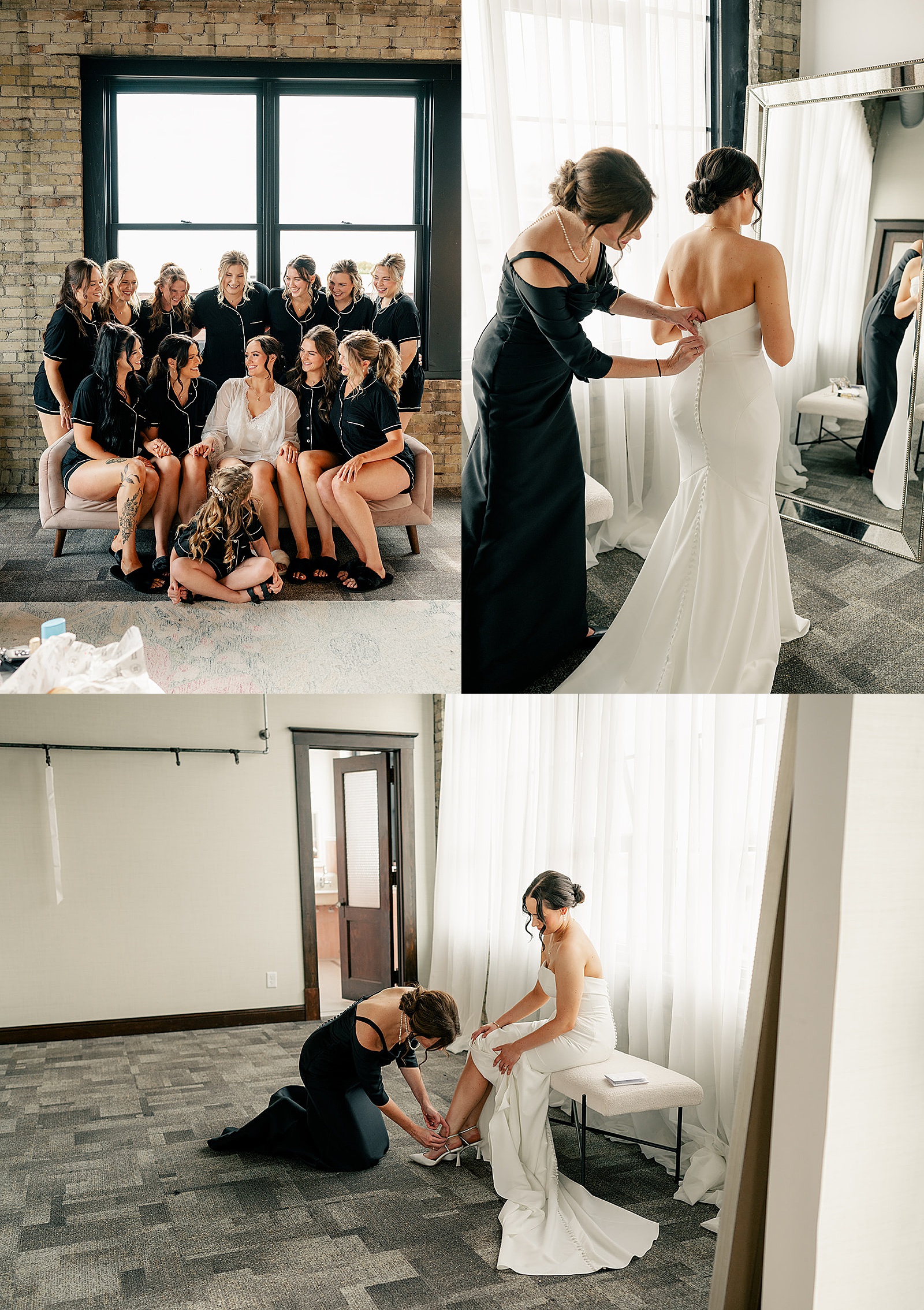 woman sits with bridesmaids in getting ready suite by Minnesota wedding photographer