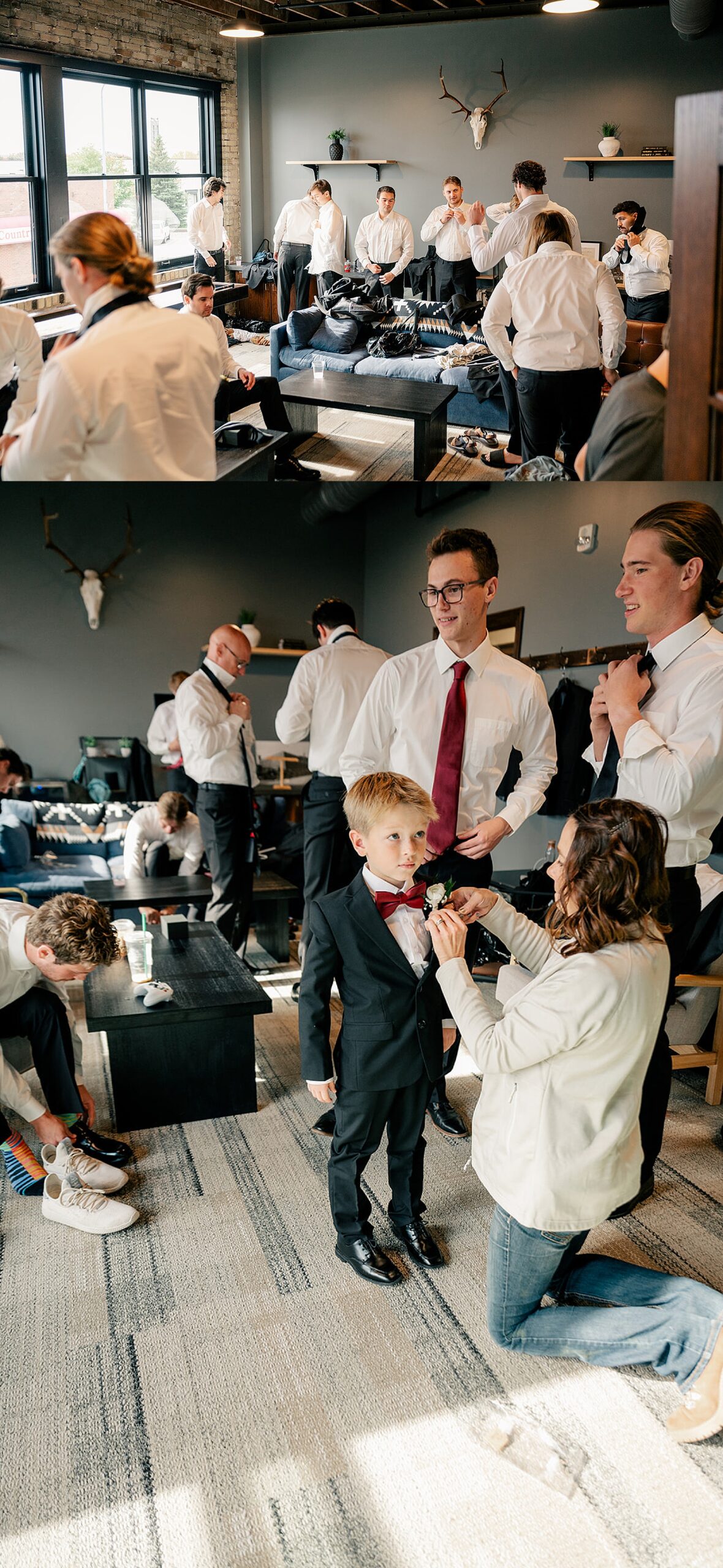 groomsmen getting ready in suite for Harvester Square wedding