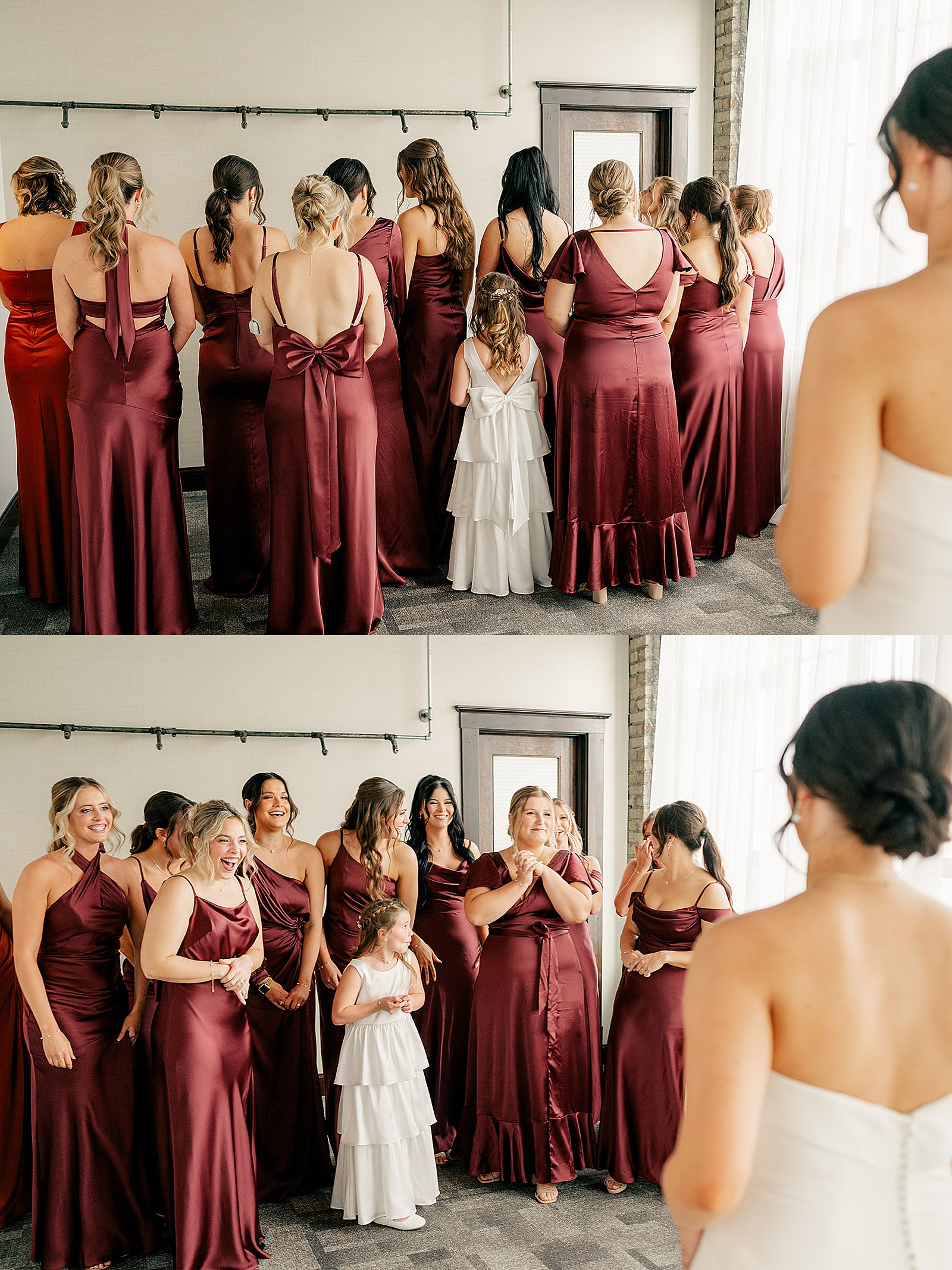 bridesmaids in maroon do first look by Rule Creative Co