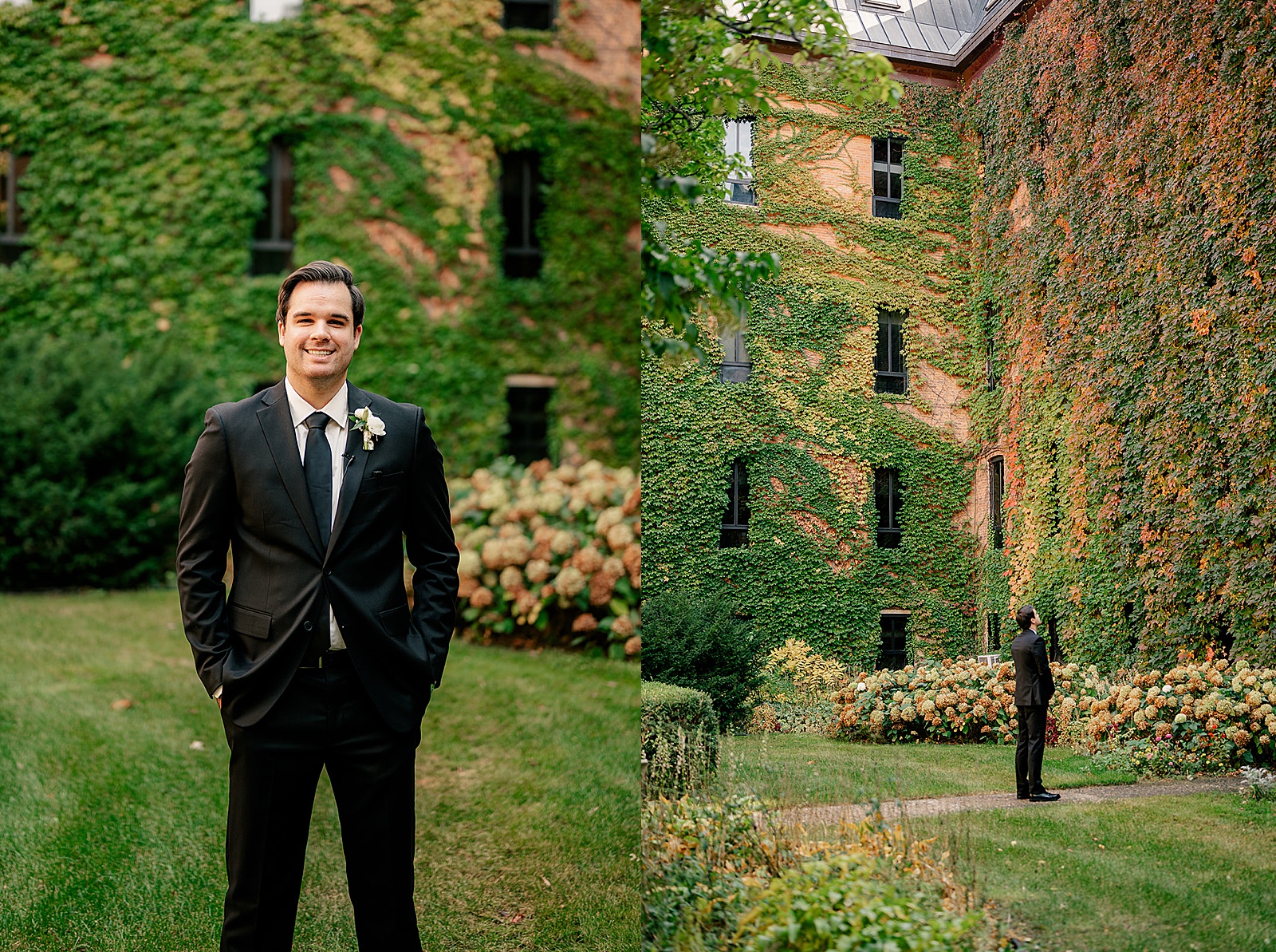 groom standing in abbey courtyard by Minnesota wedding photographer