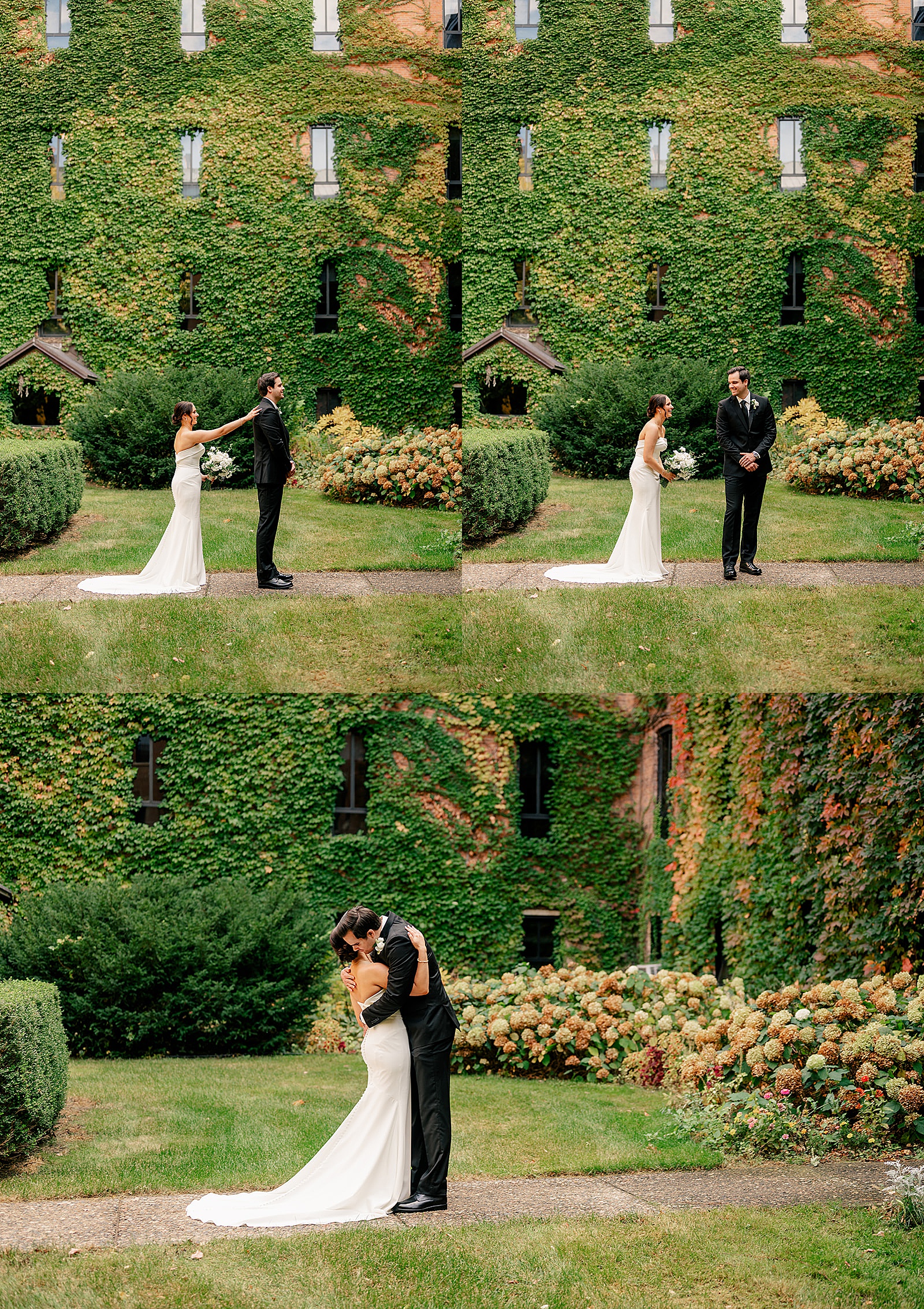 bride taps groom on shoulder for first look at Harvester Square wedding