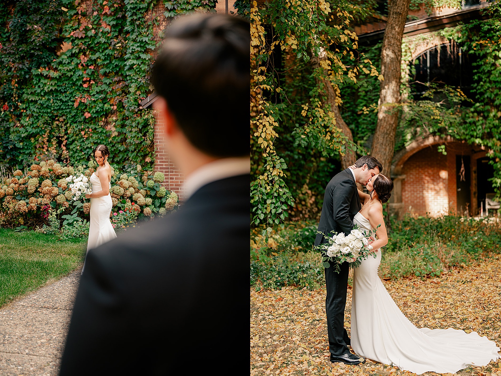 groom and bride kiss under trees for Harvester Square wedding