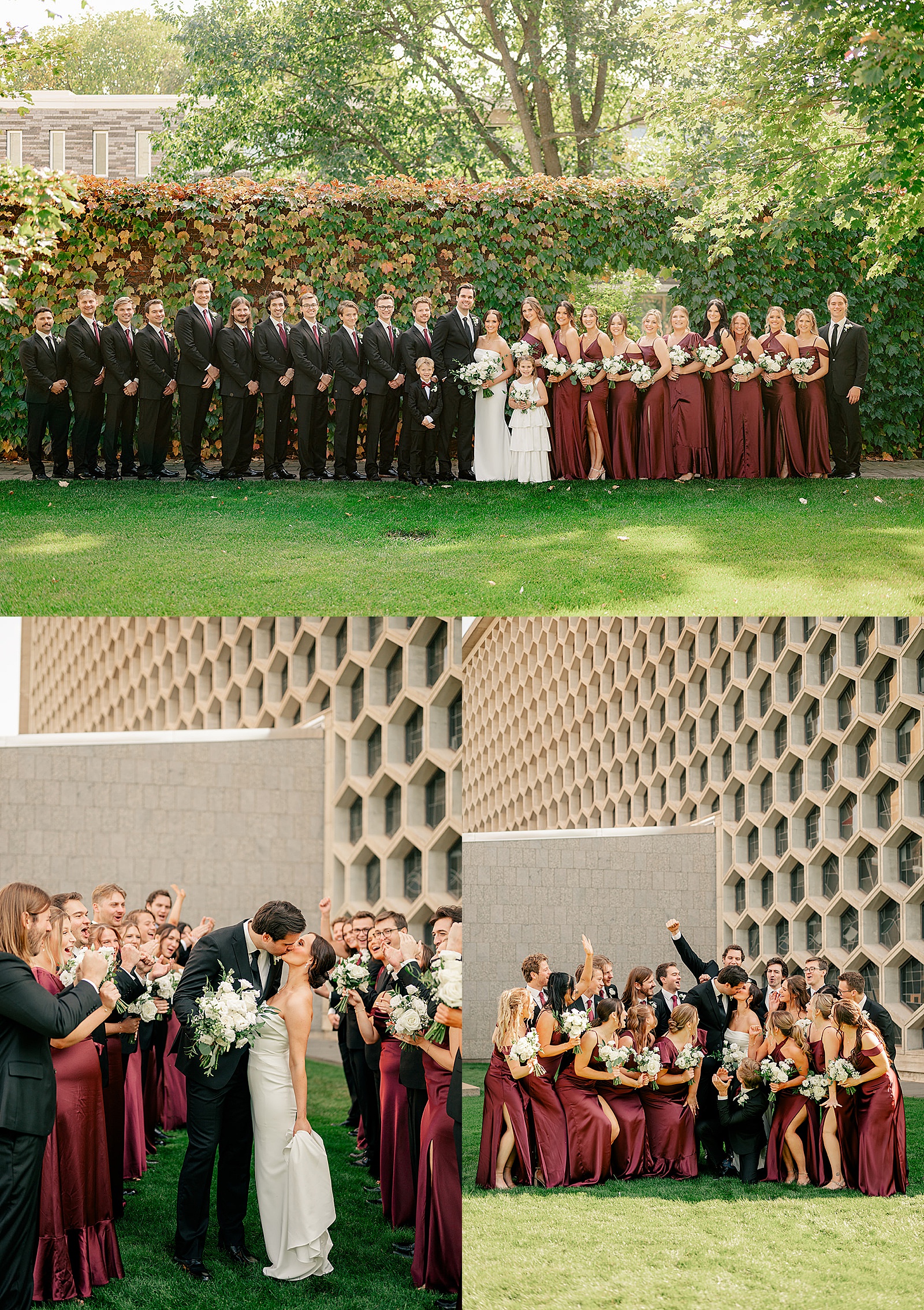 bridal party in maroon dresses stand with groomsmen for Harvester Square wedding