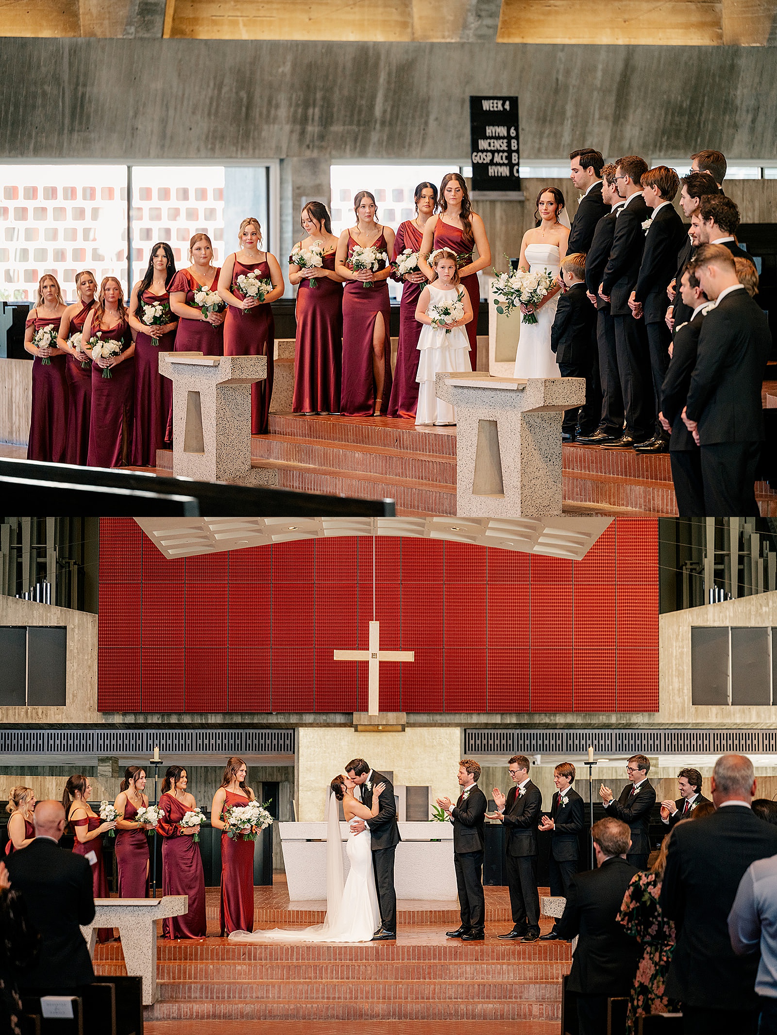 fiancé's share first kiss at alter by Minnesota wedding photographer