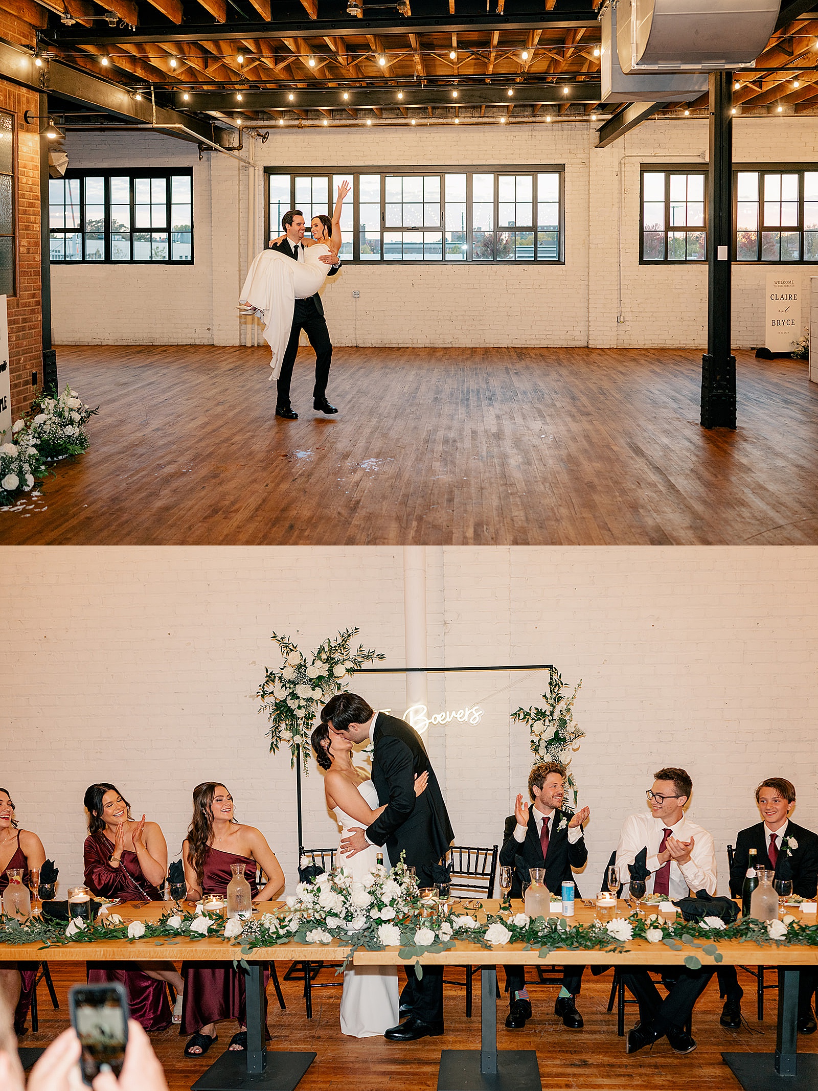 groom carries his new wife into reception for Harvester Square wedding