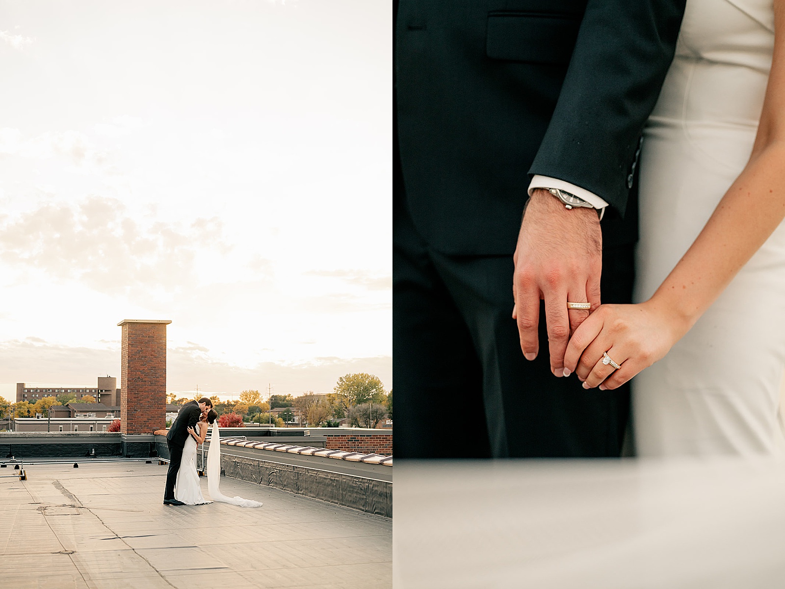 man kisses wife on rooftop during golden hour for Harvester Square wedding