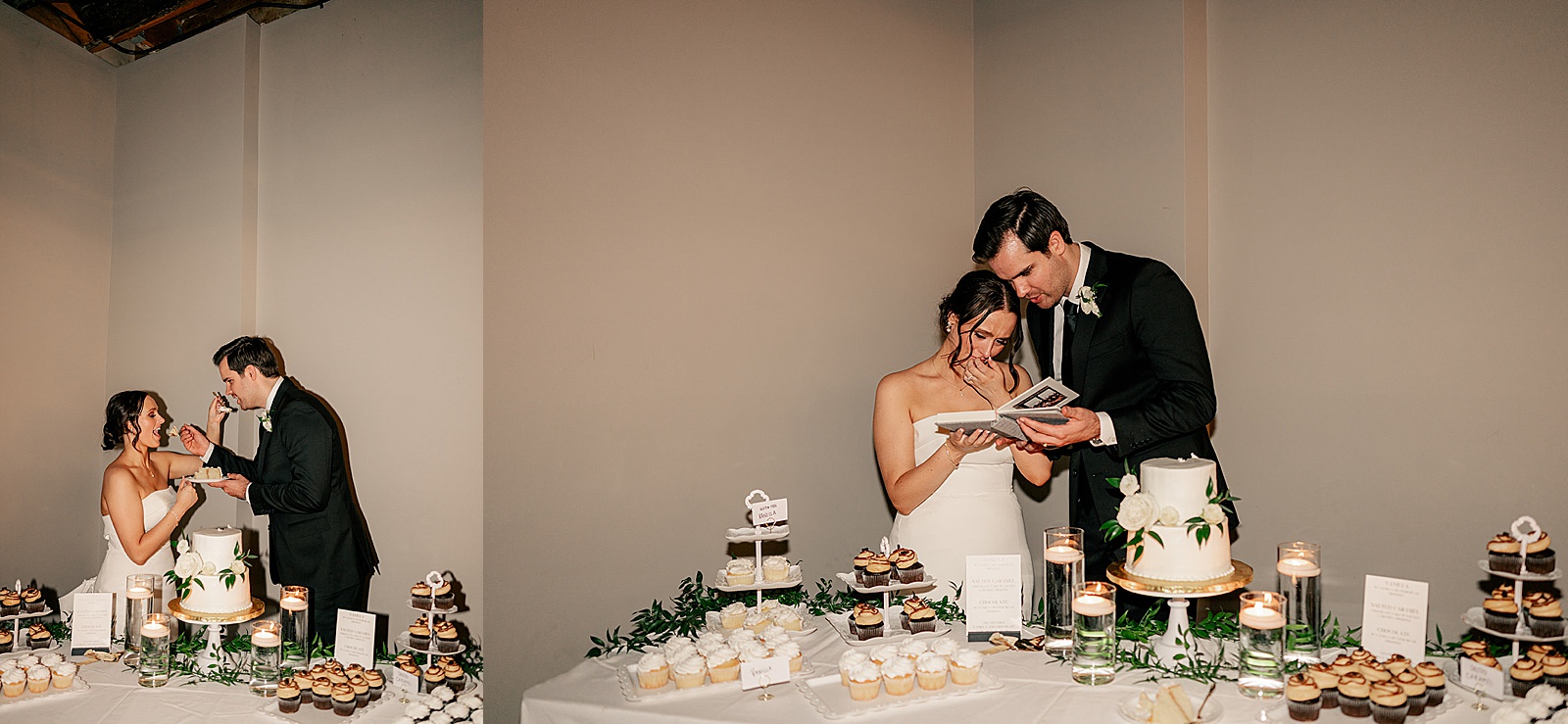 husband and wife cut cake at reception by Minnesota wedding photographer