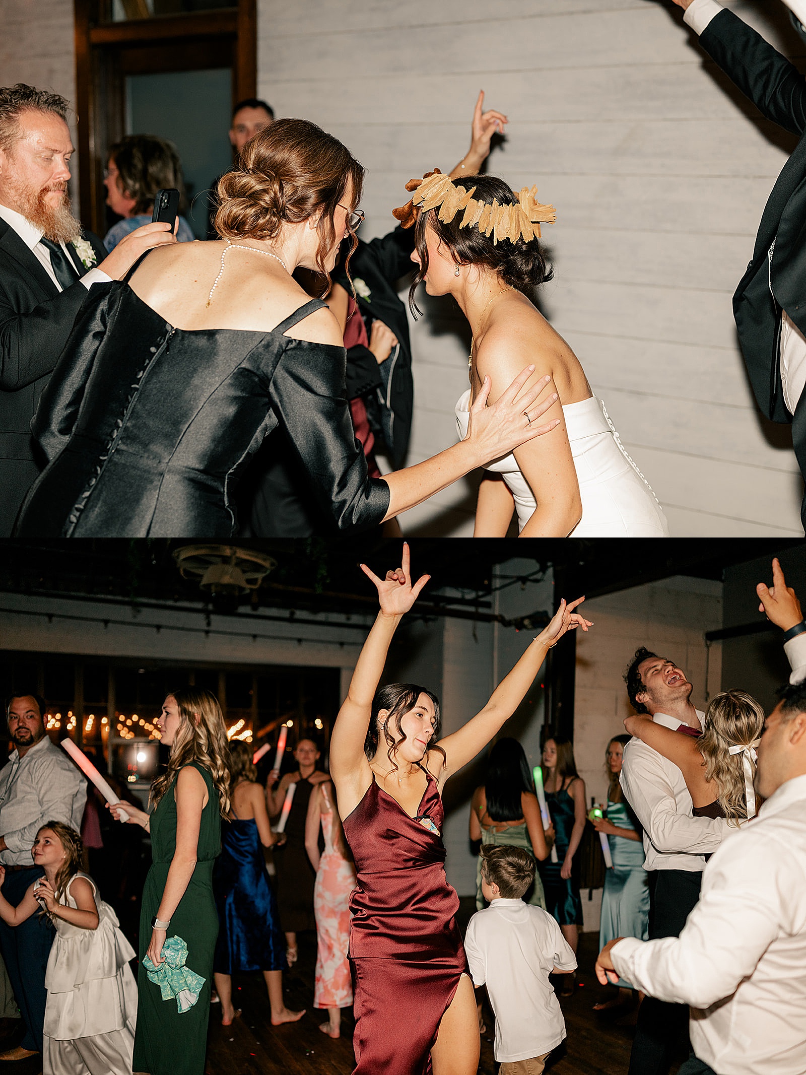 bride dances with her guests at reception for Harvester Square wedding