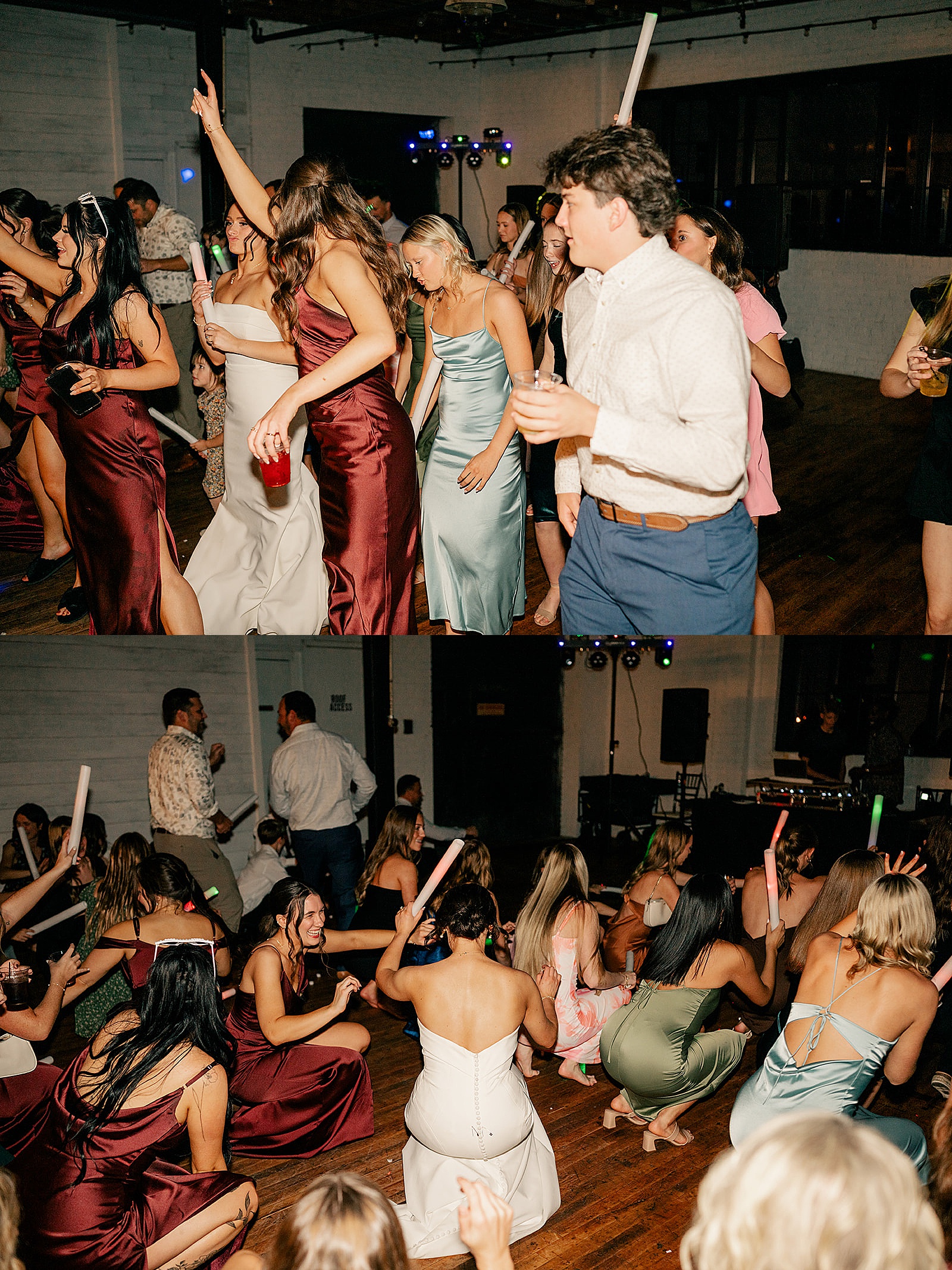 guests party on the dance floor with lights by Minnesota wedding photographer