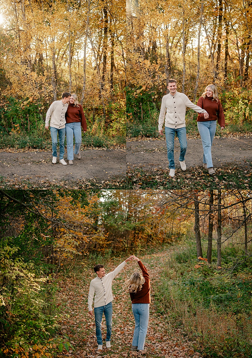 man spins his fiancé under trees by Minnesota wedding photographer