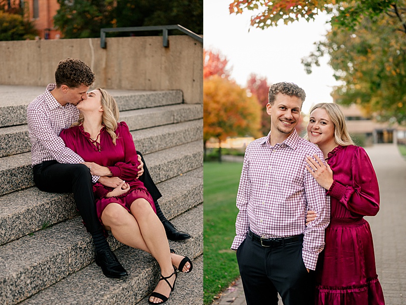 man and woman kiss on steps of garden for golden hour arboretum engagement session