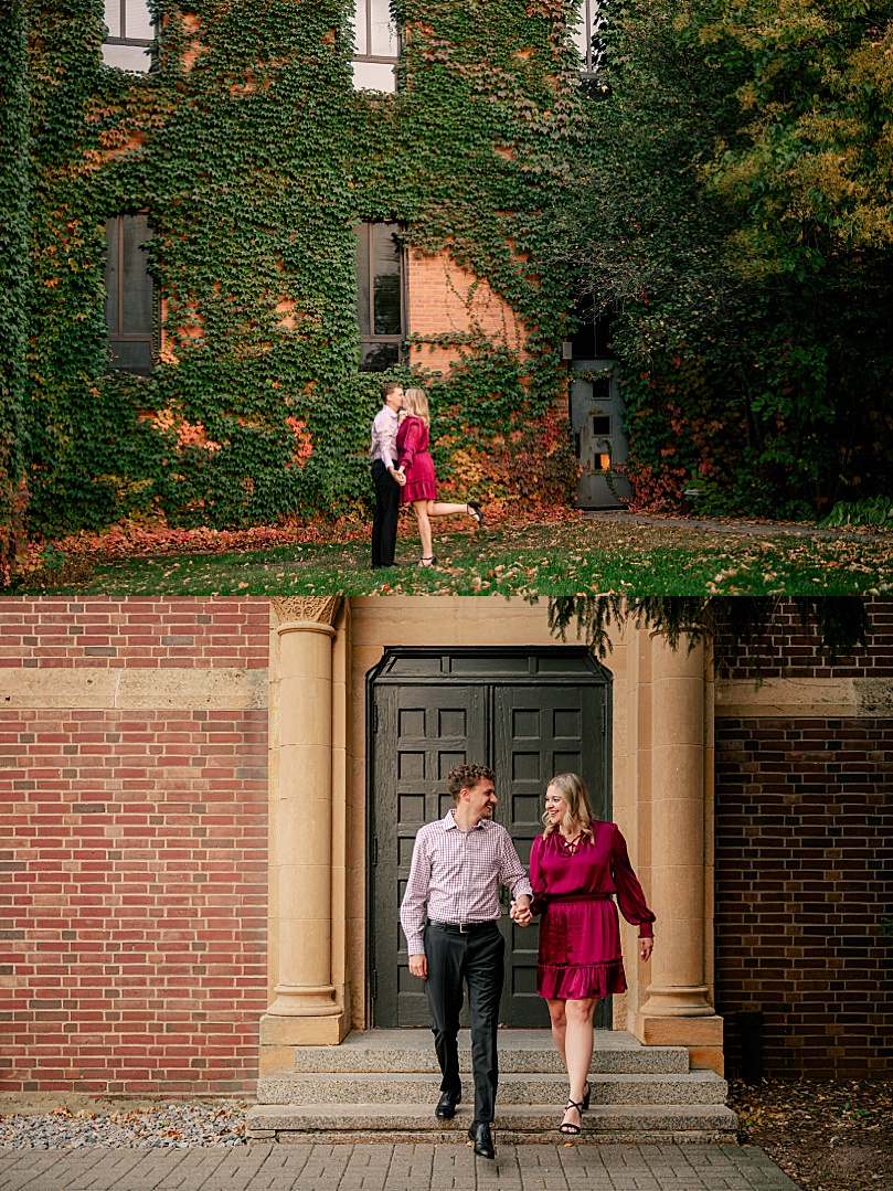 man and woman kiss in garden for golden hour arboretum engagement session