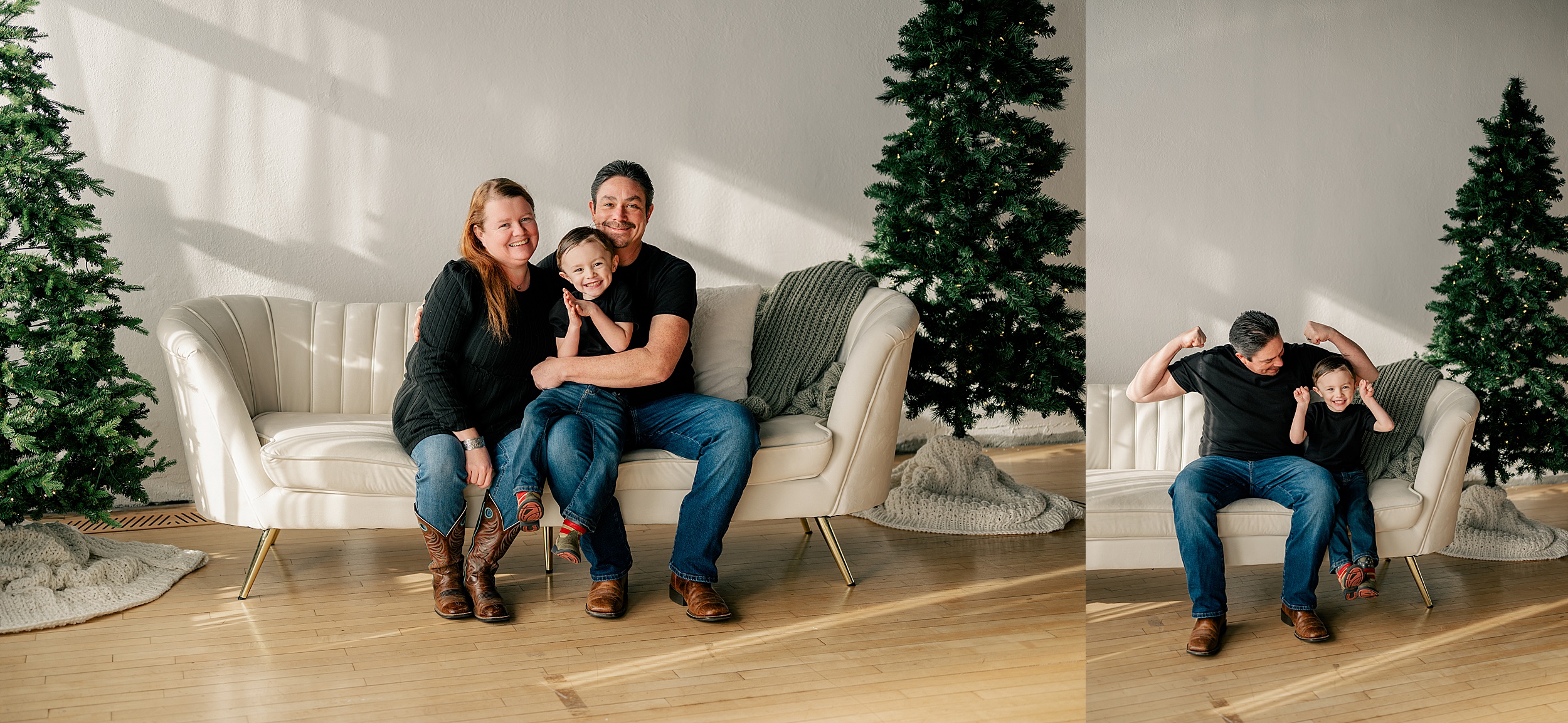 Family sits on couch smiling during Minnesota Christmas Mini Sessions