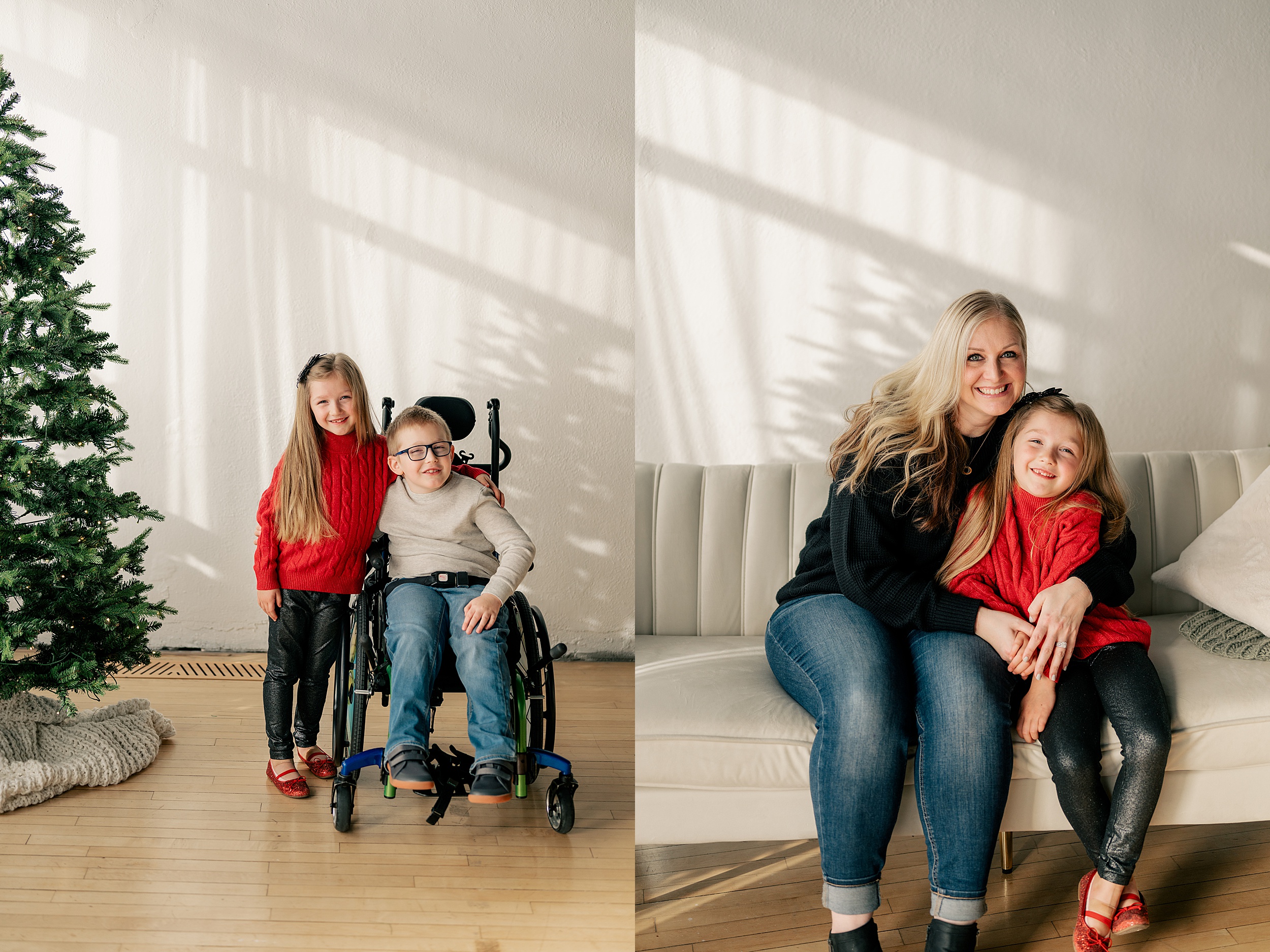 Family hugging at the camera next to a christmas tree by Rule Creative Co.