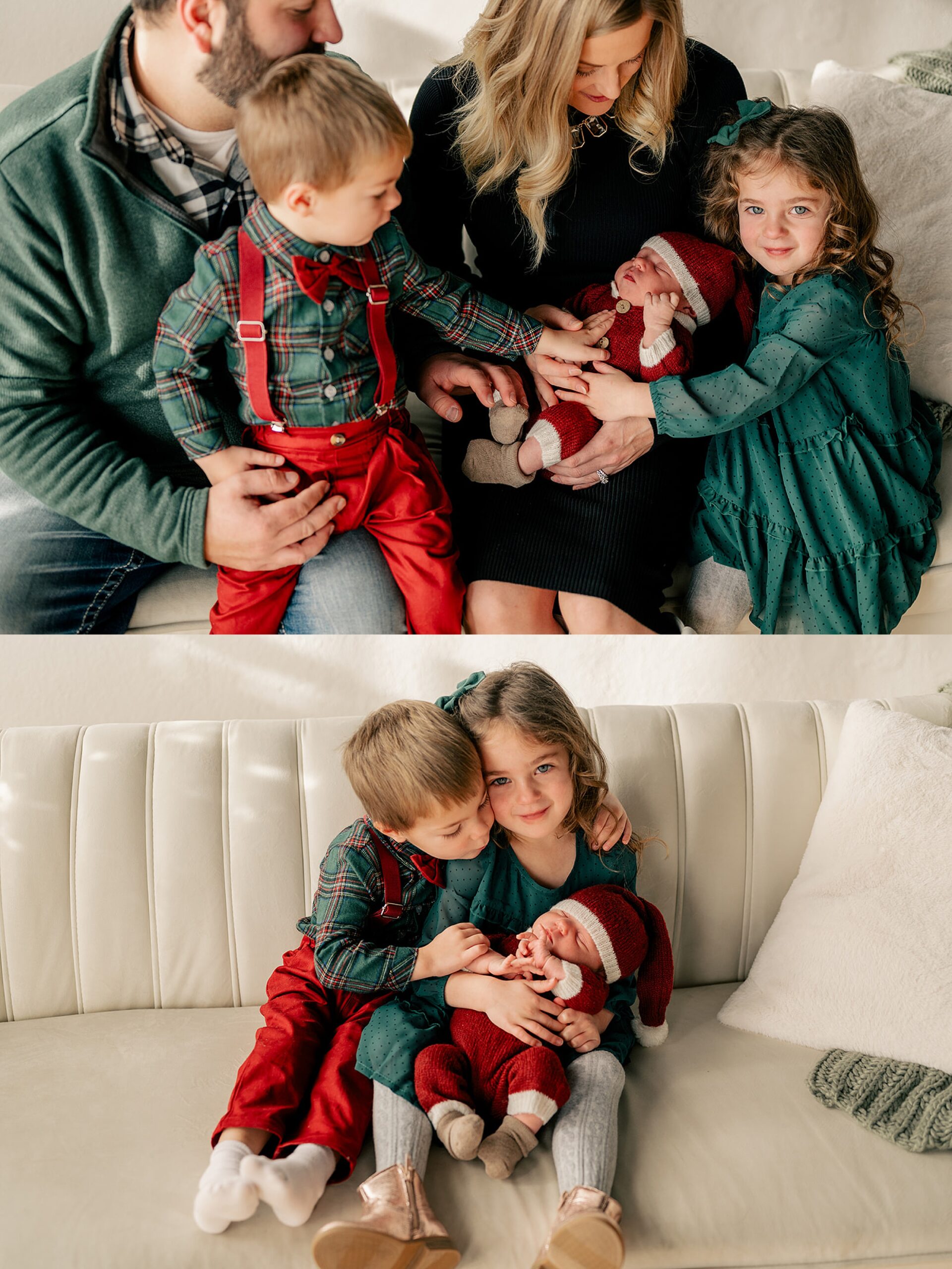 Family sitting on the couch with newborn during Minnesota Christmas Mini Sessions