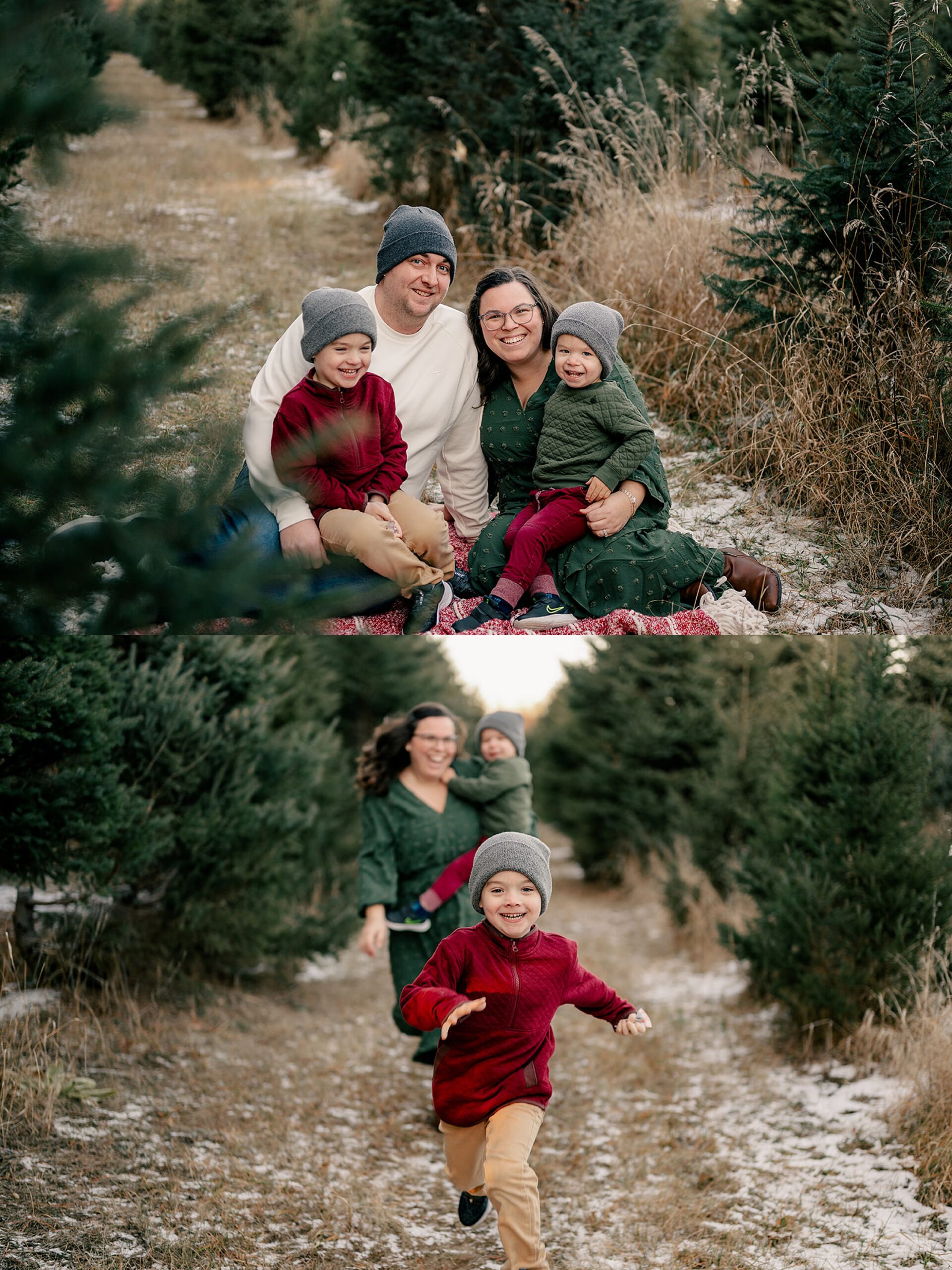 Mom chases son through tree farm by Minnesota Family Photographer