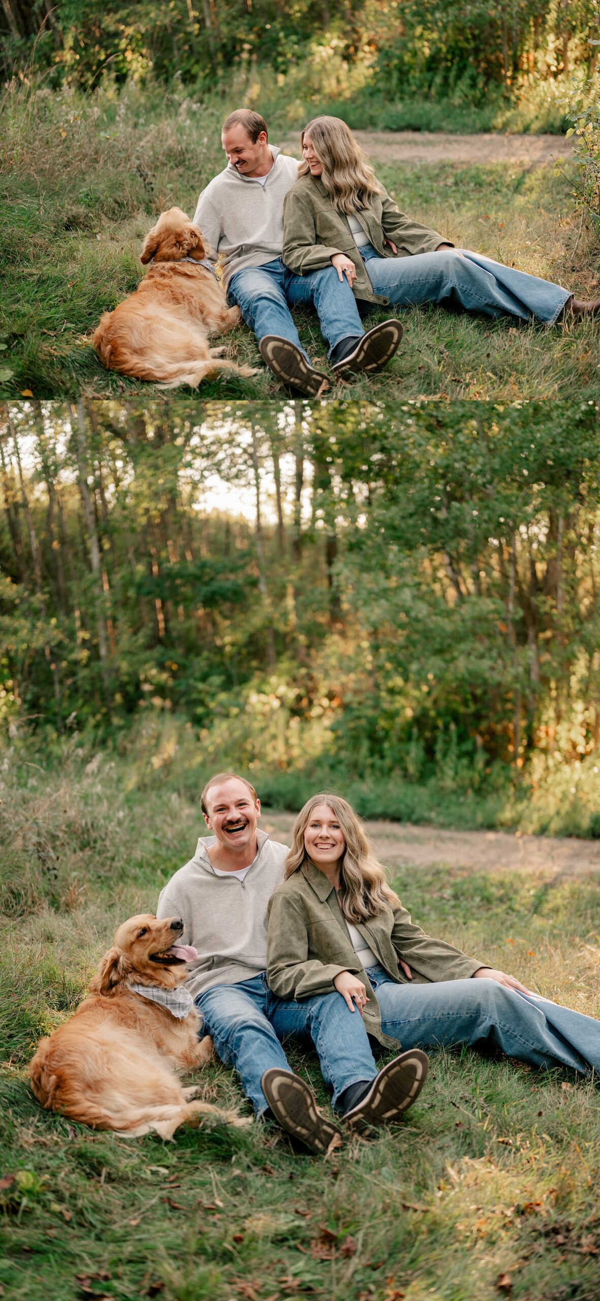 Couple and their dog during golden hour at Minnesota Christmas Mini Sessions