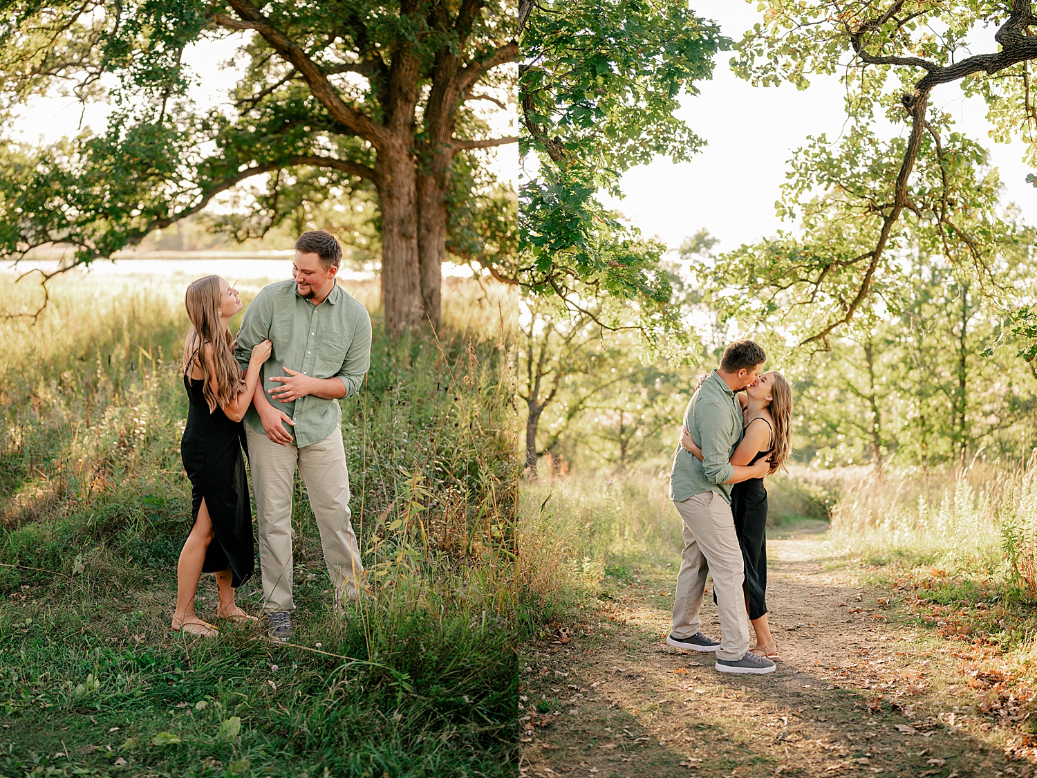 couple embraces and kisses in golden hour by Minnesota wedding photographer