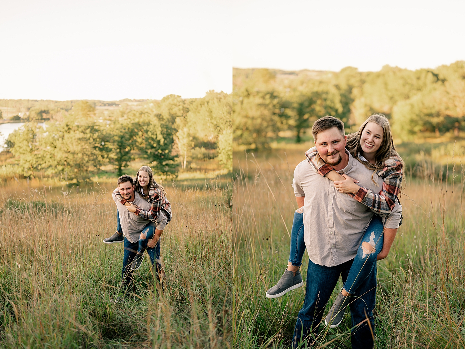 woman riding on man's back for beautiful Fall engagement session