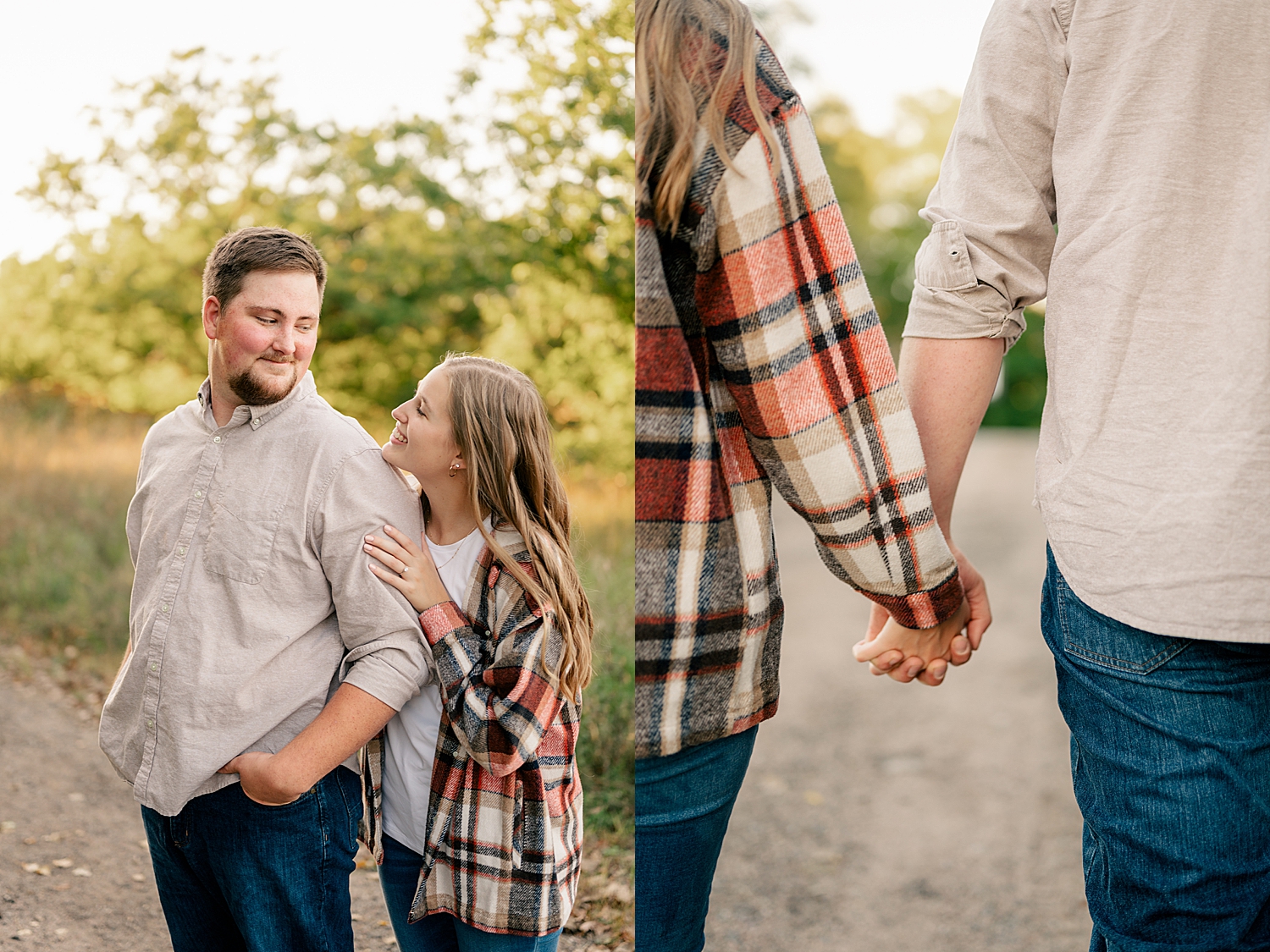 woman holds her man's hand on pathway by Minnesota wedding photographer