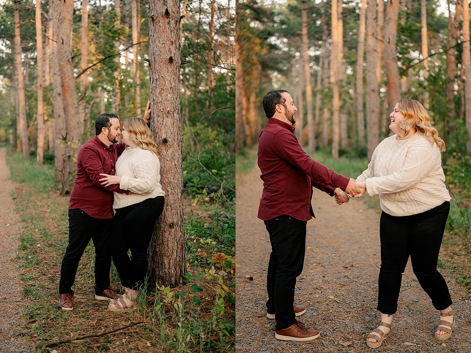 couple laugh and dance in woods by Minnesota wedding photographer 