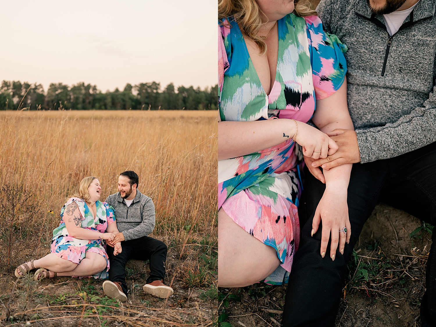 engaged couple laugh in field by Rule Creative Co