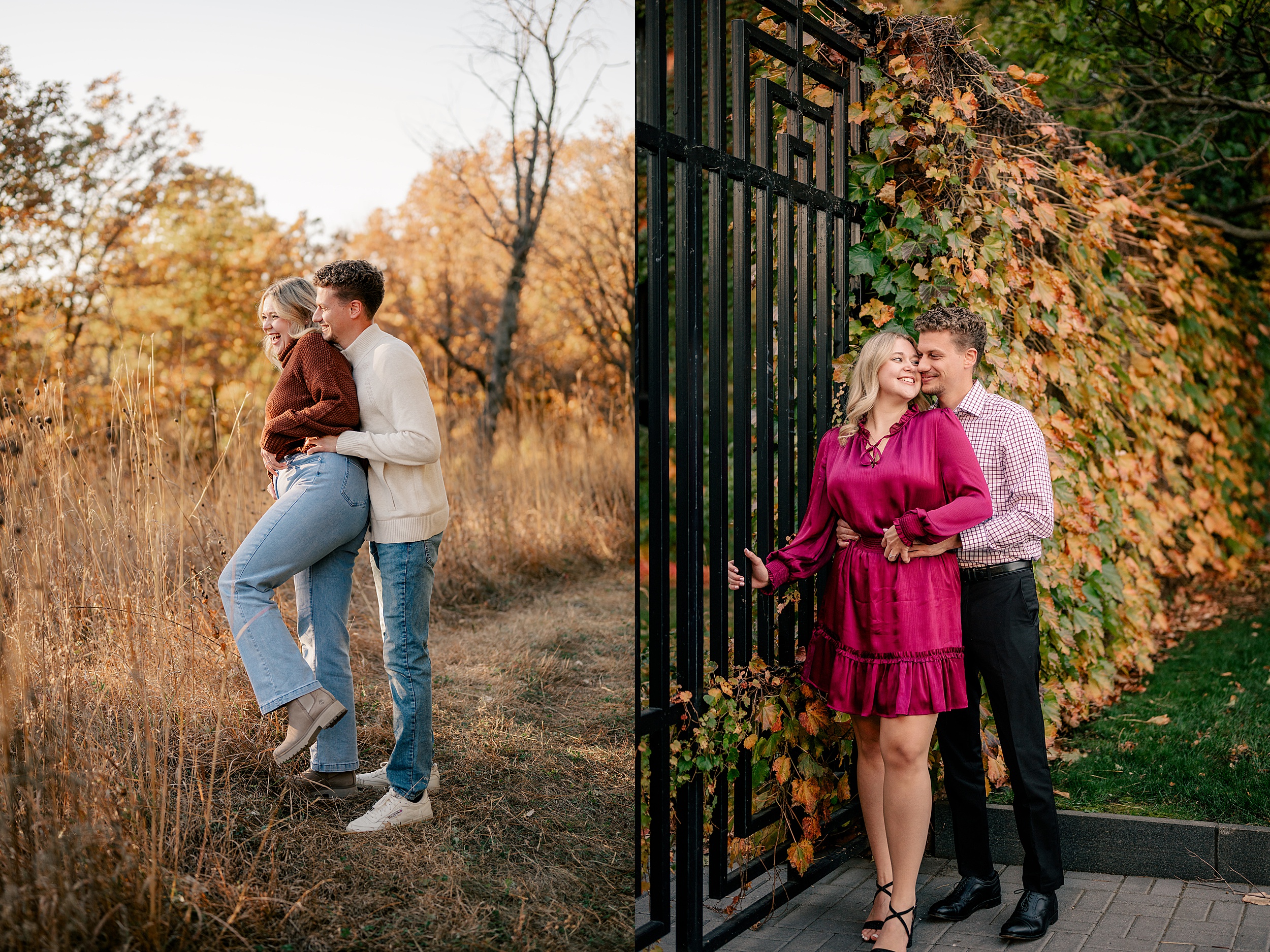 A couple snuggles in a casual and formal coordinating engagement session outfits