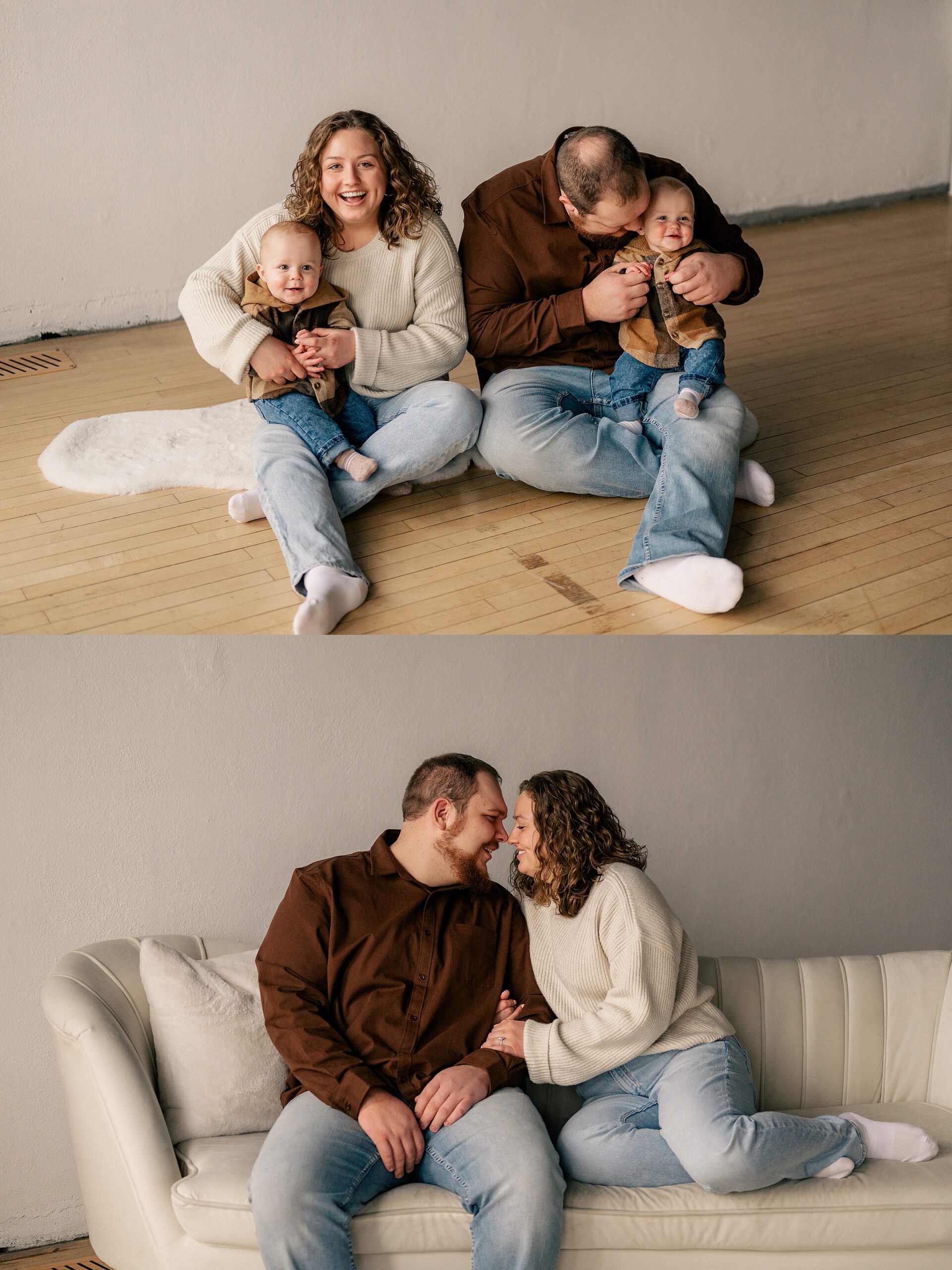 Family laughing during in studio engagement session at Rule Creative Co